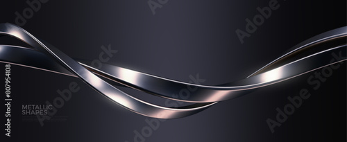 Abstract background with realistic silver metal shape. Fluid chrome wave. Intertwined patinum shapes. Vector 3d luxury design.