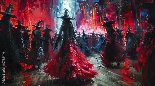 Illustrate a wide-angle view of a fashion runway with eerie horror-inspired garments in acrylic paint Include unexpected camera angles for dramatic effect