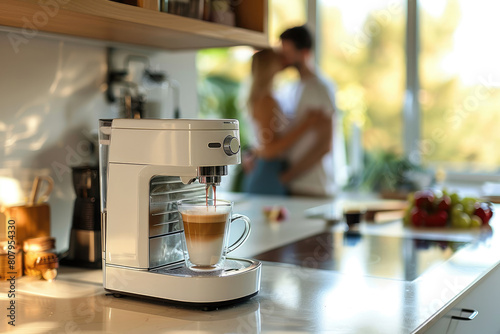 White coffee machine prepares latte coffee, couple hugging in the kitchen, love