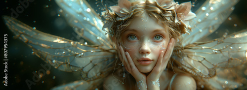 Beautiful little young fairy girl, gold trimmed wings, dreamy magical atmosphere. Enchanting, mystical poster, wallpaper, background, gift card, etc.
