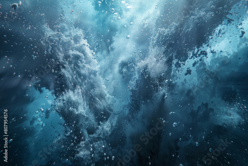 Dramatic underwater scene with swirling bubbles and light
