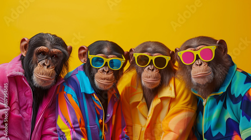 Monkeys wearing sunglasses and colorful clothing. a fun and playful mood, with the monkeys looking cool and confident in their outfits. Creative animal concept. birthday party invite invitation banner photo