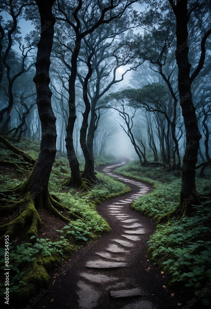 Obraz premium A winding path leads into a forest shrouded in darkness, where gnarled trees cast twisted shadows under the pale moonlight