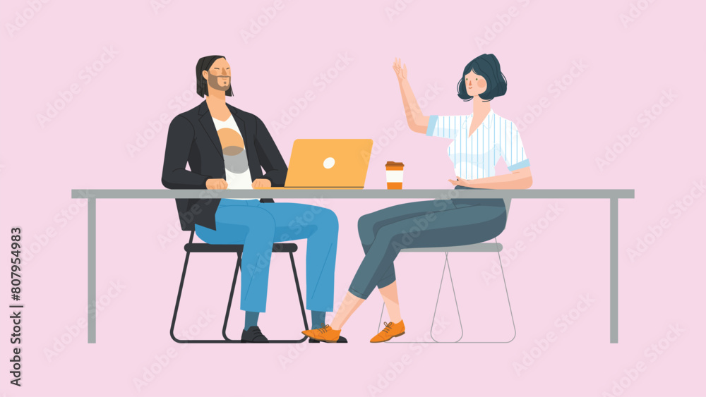 Business People Sitting At The Table Vector. Laughing Friends, Office Colleagues Man And Woman Talking To Each Other. Business Team. Isolated Cartoon Character Illustration