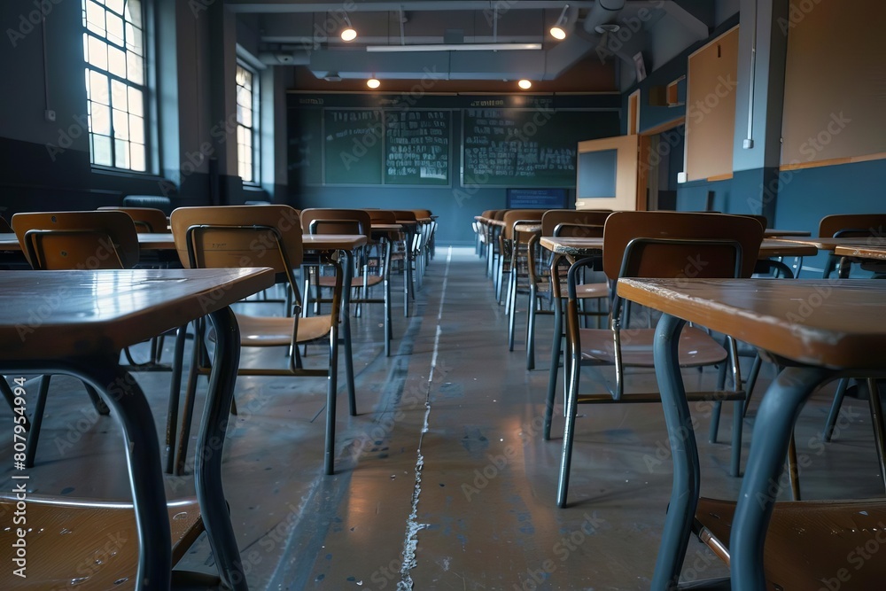 An empty classroom with wooden chairs and desks arranged in rows. The blackboard is empty. The room is lit by the light from the windows.