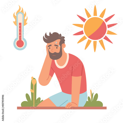 Hot weather. The man suffers from heat, sweats. Sunstroke. Heat stroke.
