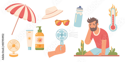 Intense heat. The man is sick from the heat. Sunstroke. Sun protection products. Fan, Water, Beach umbrella, SPF, Sunglasses, Sun hat