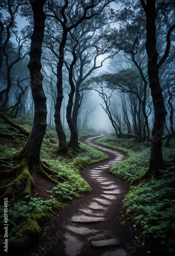 A winding path leads into a forest shrouded in darkness  where gnarled trees cast twisted shadows under the pale moonlight