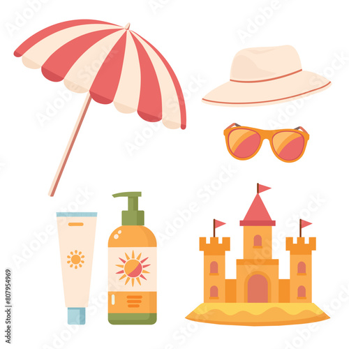 Beach set with sun protection elements.  Hot weather. Beach accessories. Beach umbrella, sand castle, sunglasses, sun hat, SPF. Vector illustration in flat style