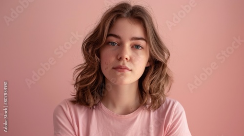 Close up of young woman with white skin, brown hair, wavy hair and a clear pink t shirt, isolated in a light pink studio. Portrait person. 