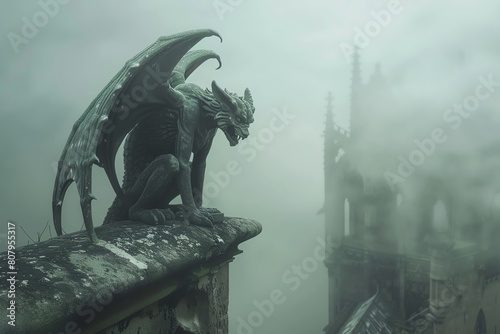 Bring to life a majestic Gargoyle perched on a medieval castle battlement photo