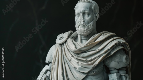 A fictional damaged statue of a man with his arms crossed and wearing a robe, AI
