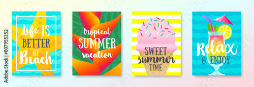 Set of tropical beach vacation and summer holidays design. Vector illustration for poster or greeting card.