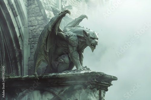 Bring to life a majestic Gargoyle perched on a medieval castle battlement photo