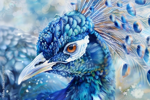 Bring to life the splendor of a birds-eye view with a noble aura Showcase the refracted brilliance of sunlight through feathers like a radiant prism in a detailed watercolor master photo