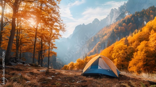Beautiful autumn scenery during mountain camping. AI Generative