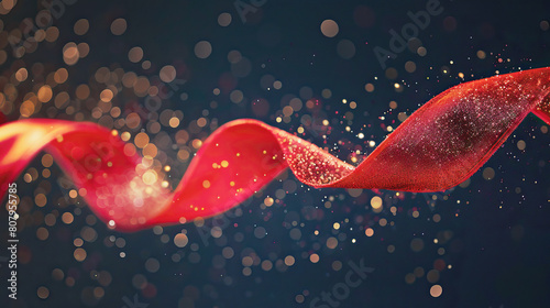 Abstract floating red ribbon with sparkling effect on dark background.