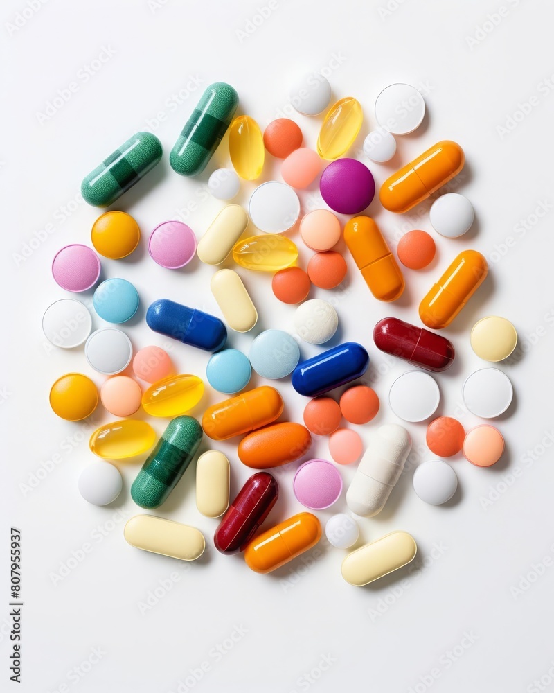 An array of colorful pills and capsules spread out on a clean white surface, highlighting the diversity in medication types and dosages An array of colorful pills and capsules spread out on a clean white surface, highlighting the diversity in medication types and dosages