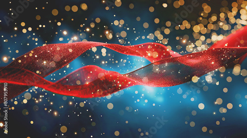 Abstract floating red ribbon with sparkling effect on background.