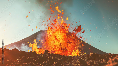 Volcano is erupting, red lava.