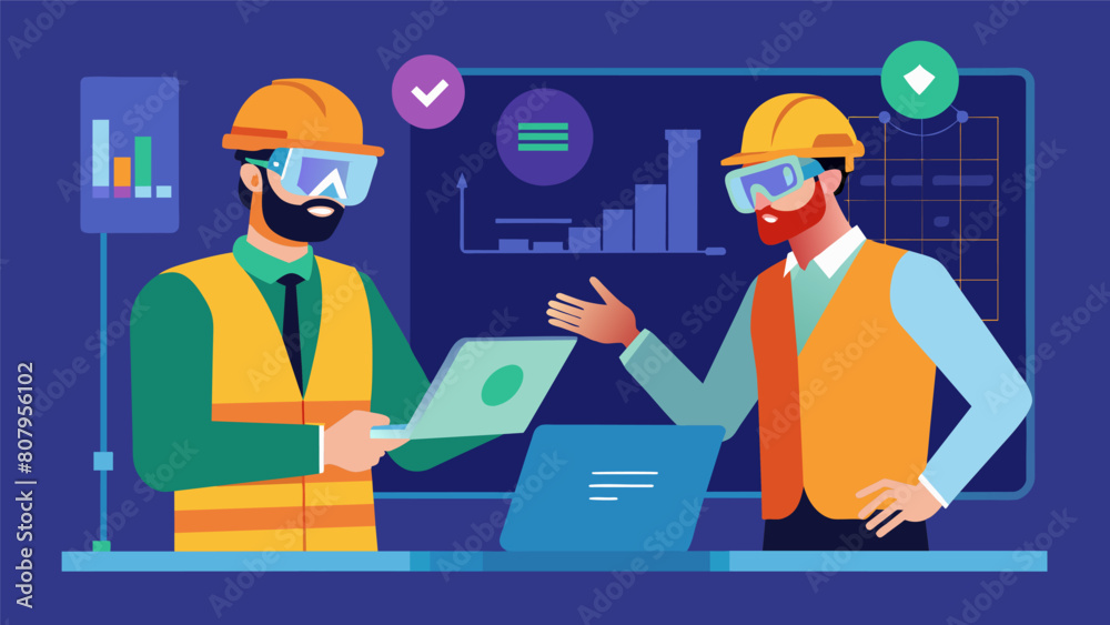 Two construction managers using a virtual reality headset to immerse themselves in a 3D digital model of the project enabling them to make adjustments. Vector illustration Two construction managers using a virtual reality headset to immerse themselves in a 3D digital model of the project enabling them to make adjustments. Vector illustration