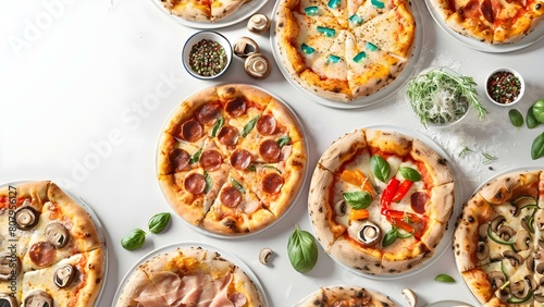 Assorted homemade Italian pizzas with meat vegetables and mushrooms on white background. Concept Italian Cuisine, Homemade Pizzas, Meat and Vegetables, Mushroom Toppings, Food Photography