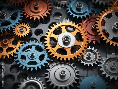 A series of gears interlocking, with each gear labeled with different business sector logos, symbolizing seamless operational synergy