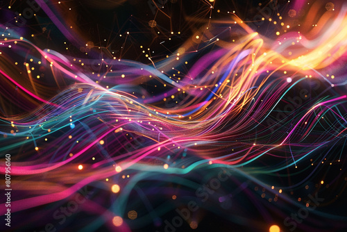 Dynamic and abstract digital connectivity depicted with colorful, luminous lines weaving through space. © Kashif