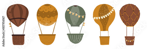 Six balloons for children's design. Illustration of bed tones. Cute animal free balloons with ribbons and flags.