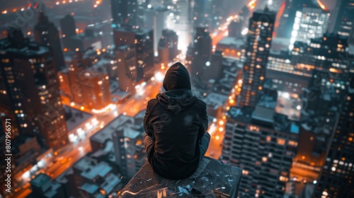 A person sits on a ledge in the city at night.