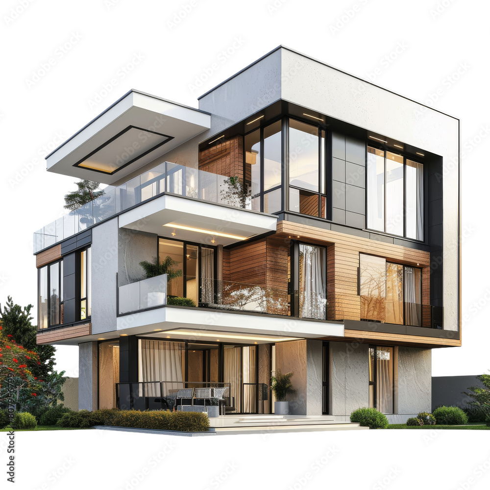 3D Modern House Exterior, Isolated on a Transparent Background