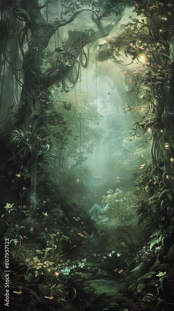 A mystical forest with a hidden path leading to a clearing filled with glowing flowers and magical creatures.