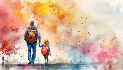 A man and a little girl are walking together photo