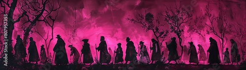 A haunting depiction of a 1500s funeral procession in shades of magenta and black photo