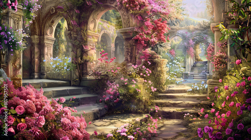 Garden with blooming flowers, arches and steps, fantasy landscape illustration © HillTract