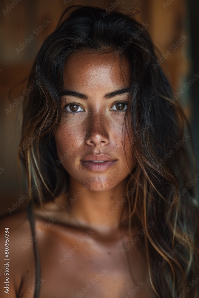 A woman with freckles and brown hair posing for a picture, AI A woman with freckles and brown hair posing for a picture, AI