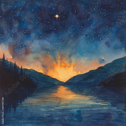 beauty of a lake at dusk  with celestial elements inspired by astrology