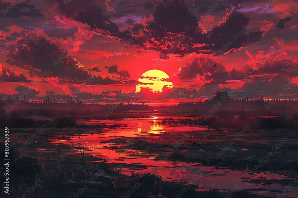 Witness a breathtaking scene as the sun sets, casting a crimson glow over a mythological battlefield