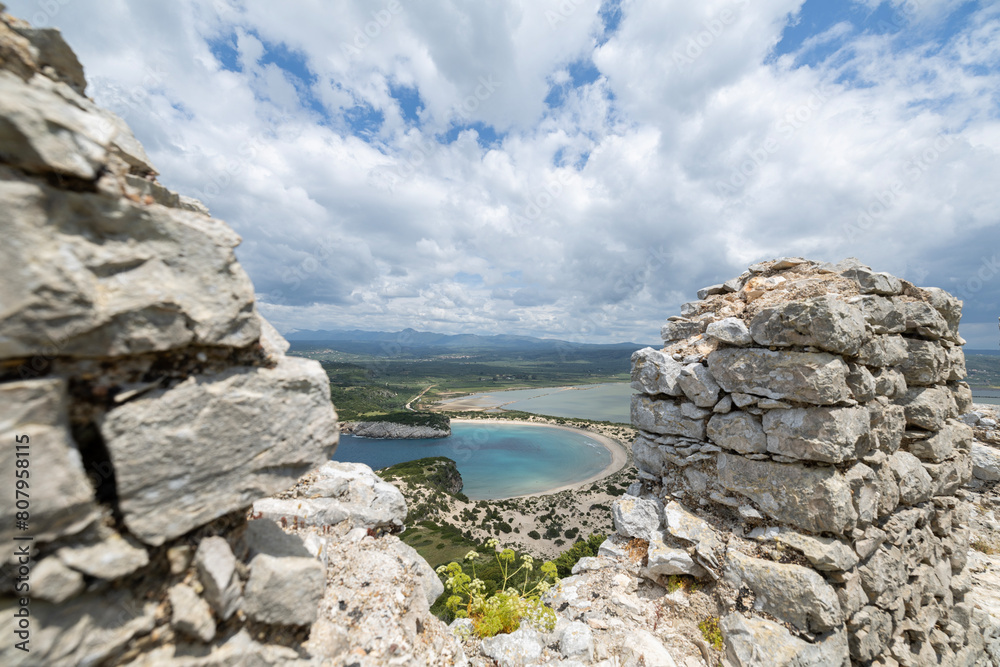 voidokilia beach in the peloponnese from navarino castle in greece voidokilia beach in the peloponnese from navarino castle in greece
