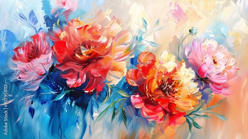 A painting of a field of flowers with a variety of colors including pink, yellow © Tatiana