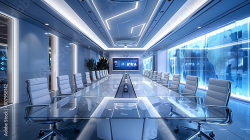 Modern conference room with a long sleek table, ergonomic chairs, and interactive digital displays