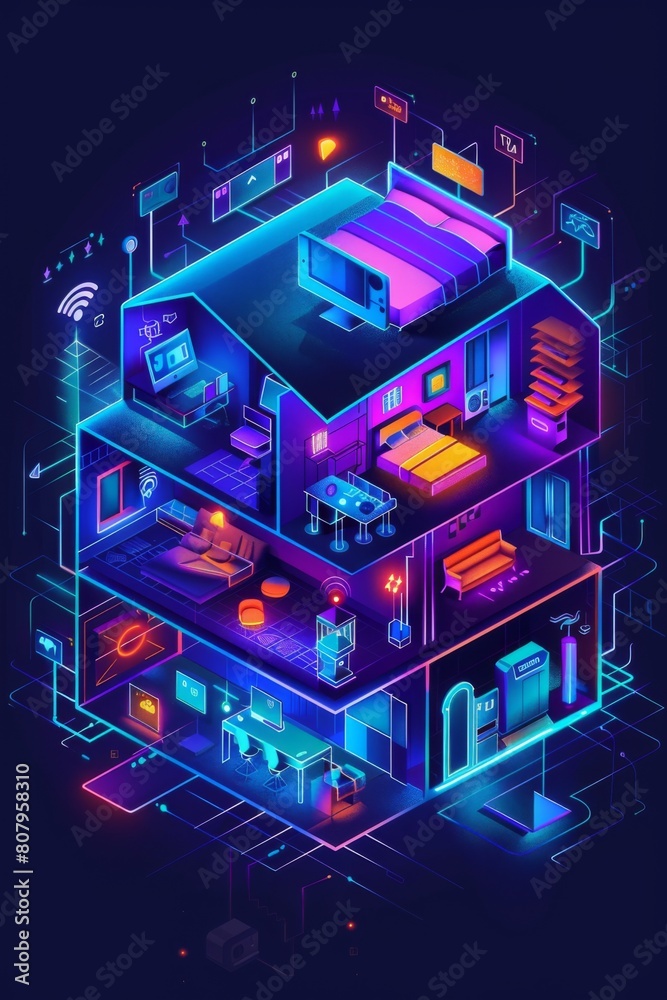  An isometric view of an entire house is shown, with different rooms glowing in neon colors and various furniture inside each room