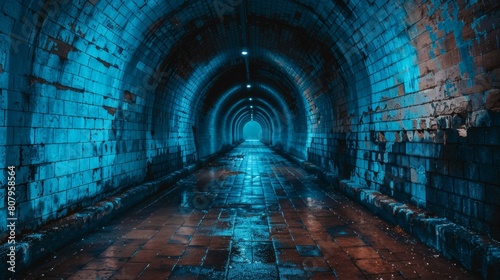 A long tunnel with a brick wall and some water  AI