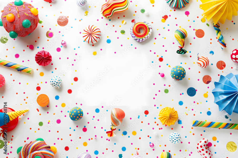 Fototapeta premium carnival decoration on a white surface, center is empty, top-down-view