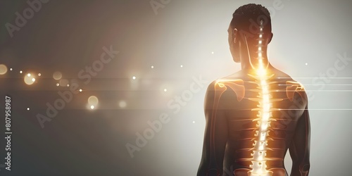 Person with highlighted spine and leg pain lines illustrating back pain radiating. Concept Back Pain, Radiating Pain, Spine Issues, Leg Pain, Health Illustration photo