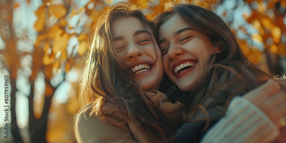 Two happy young women embracing each other, showcasing their of friendship bond Two happy young women embracing each other, showcasing their of friendship bond