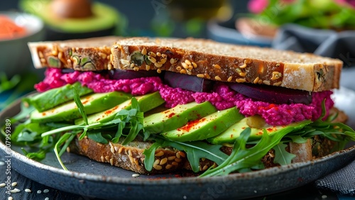 Vegan sandwich with beetroot hummus beet cheese avocado and arugula. Concept Vegan Meals, Plant-Based Diet, Beetroot Hummus, Avocado Recipes, Healthy Sandwiches photo