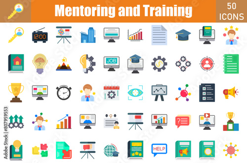 Mentoring And Training icon set. Containing  
Key,struggle,RoleModel,Coaching,Book,Brainstrom,Briefcase,Business card,Certificate,Digitalclock and more. Vector icons collection