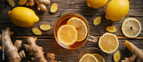 Ginger and lemon tea in a glass cup on a wooden table, in a flat lay. photo