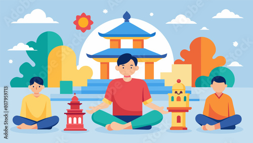 A Buddhist temple offers guided meditation tailored to individuals on the autism spectrum using visuals and sound cues to aid in relaxation and focus.. Vector illustration
